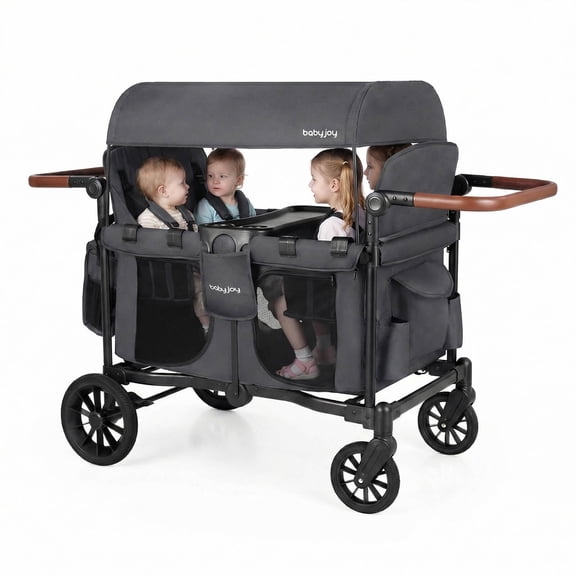Infans Wagon Stroller, Foldable 4-Seater Push-Pull Toddler Stroller w/Removable Canopy