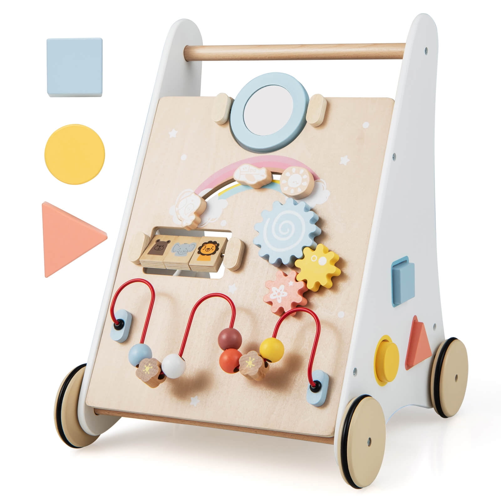 Infans Wooden Baby Walker Baby Activity Center with Mirror Shape Sorter