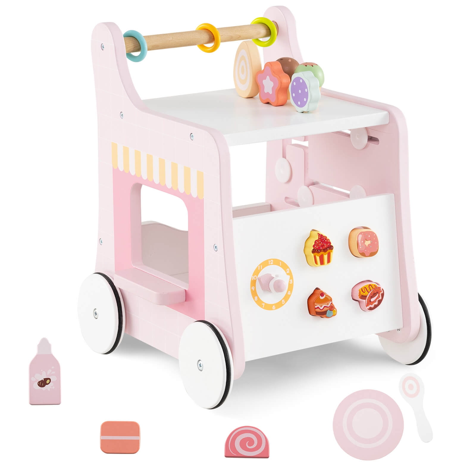 Infans Wooden Baby Walker Ice Cream Cart Toy with Sweet Accessories & Smooth Wheels