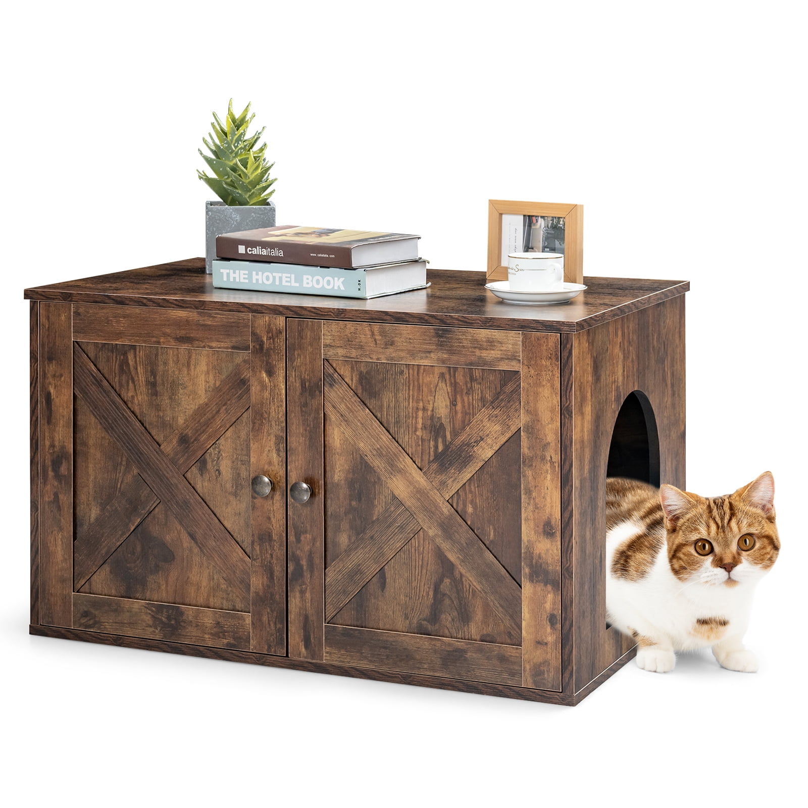 Infans Wooden Cat Litter Box Enclosure Hidden Cabinet Furniture w ...