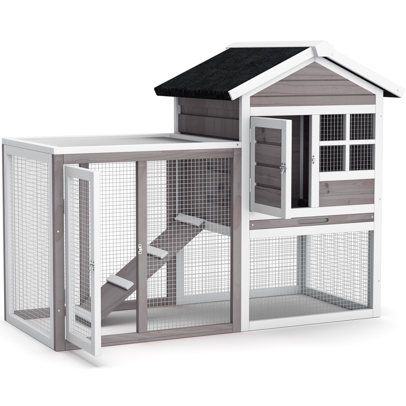 Gray 2-Story Wooden Guinea Pig Hutch with Ramp