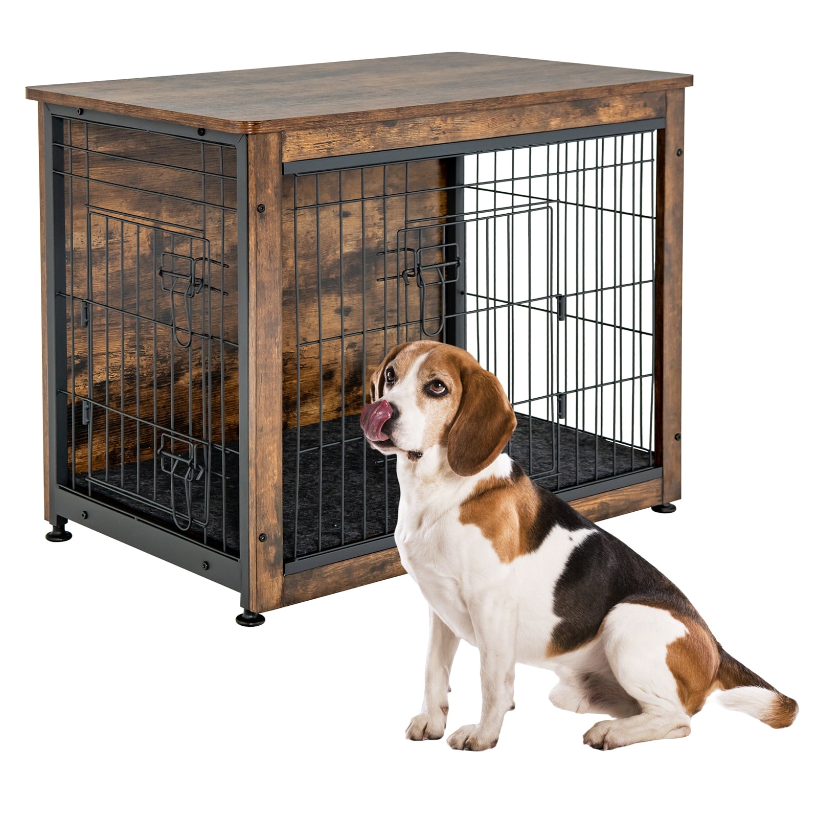 Rustic Brown Wooden Dog Crate End Table with Steel Mesh