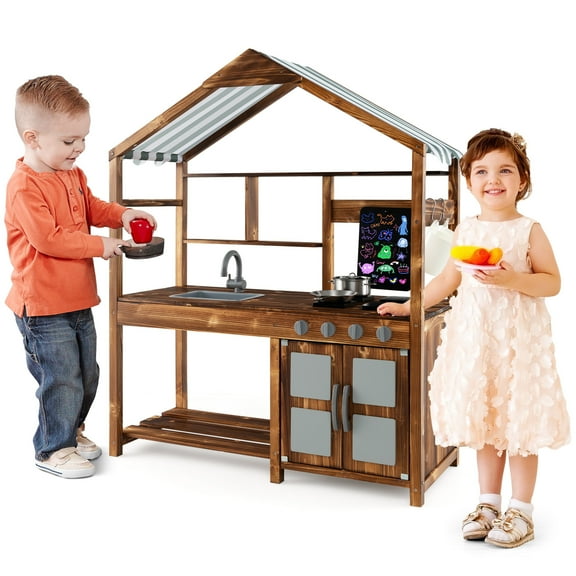 Infans Wooden Mud Kitchen w/ Chalkboard, Stoves, Removable Sink & Accessories Natural