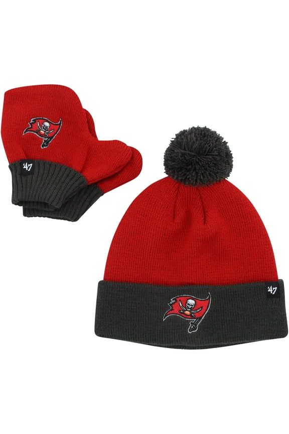 Infant '47 Red/Pewter Tampa Bay Buccaneers Bam Bam Cuffed Knit Hat with Pom and Mittens Set