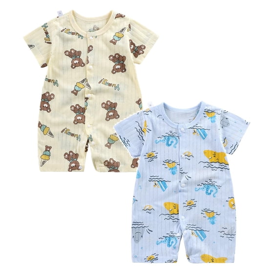 Infant 6-12 Months Boy Girl Bubble Shirt Romper Outfit Short Sleeve Summer Bodysuit Top Newborn Oversized Crewneck Jumpsuit Blue & Beige