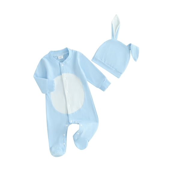 Infant Baby 2Pcs Easter Outfits Long Sleeve Snap Up Footed Jumpsuit with Hat Set