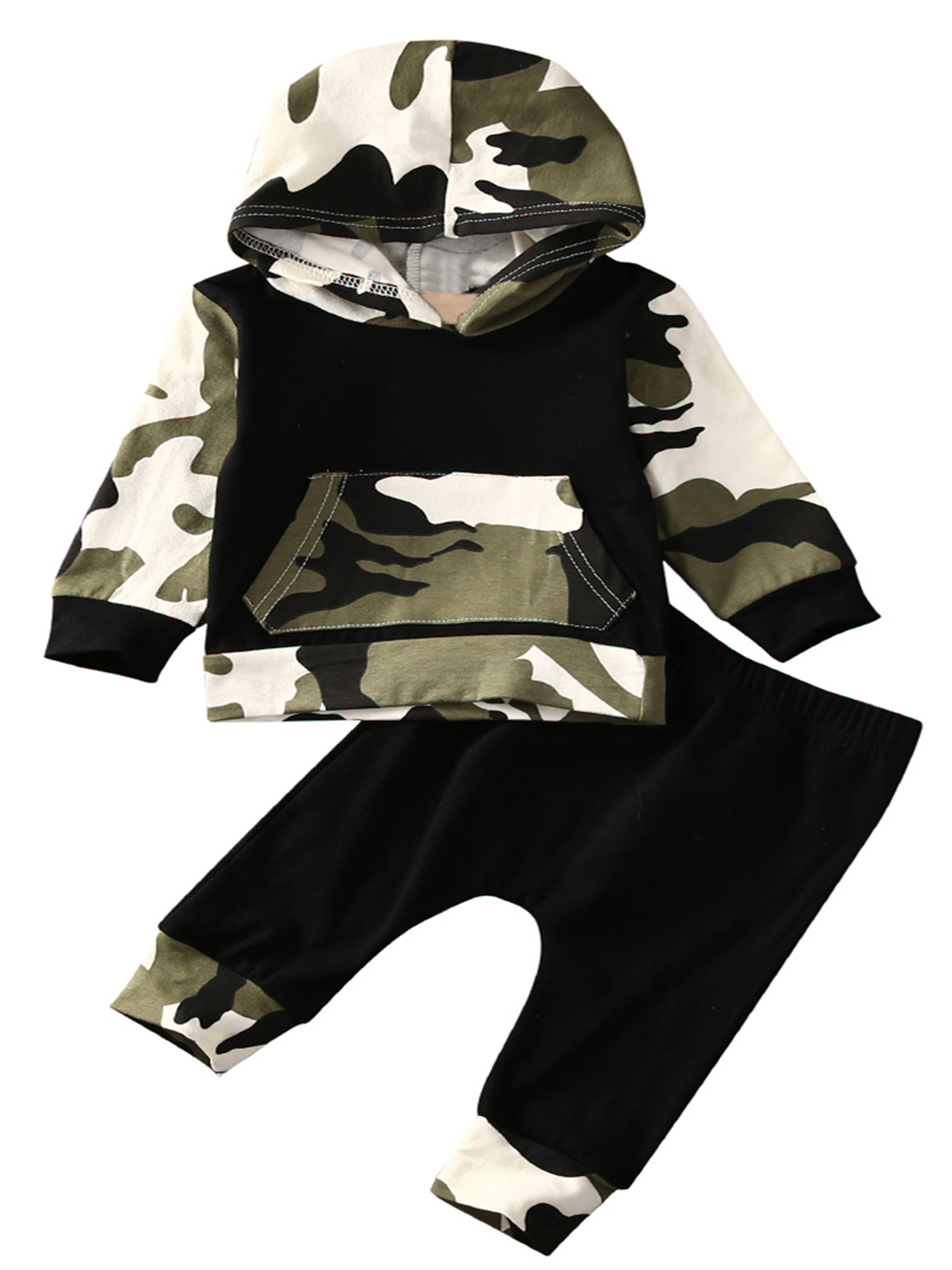 Infant Baby Boy Camouflage Hoodie Top with Front Pocket and Pants 2pcs