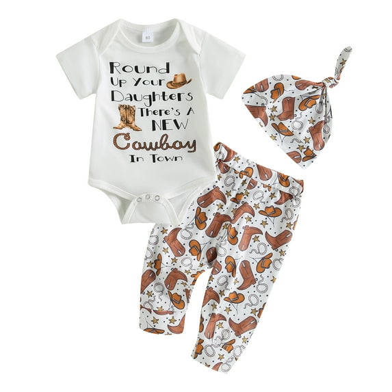 Infant Baby Boy Clothes 3M 6M 12M 18M Funny Letter Cow Print Bodysuits with Long Pants Leggings Hat 3pcs Newborn Cowboy Outfit
