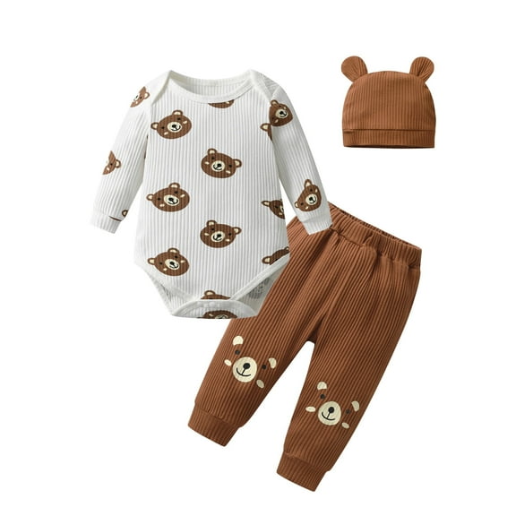 Infant Baby Boy Clothes Bear Style Long Sleeve Romper   Pants   Hat 3PCS Outfits Set Brown 3-6 Months