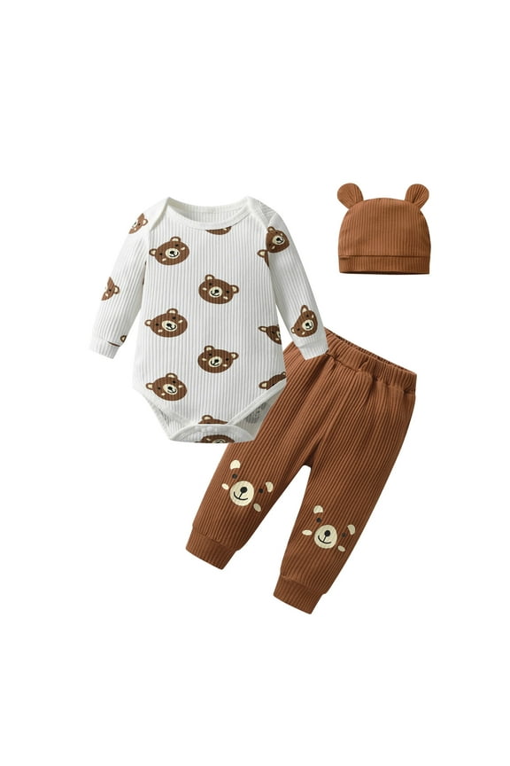 Infant Baby Boy Clothes Bear Style Long Sleeve Romper + Pants + Hat 3PCS Outfits Set Brown 3-6 Months
