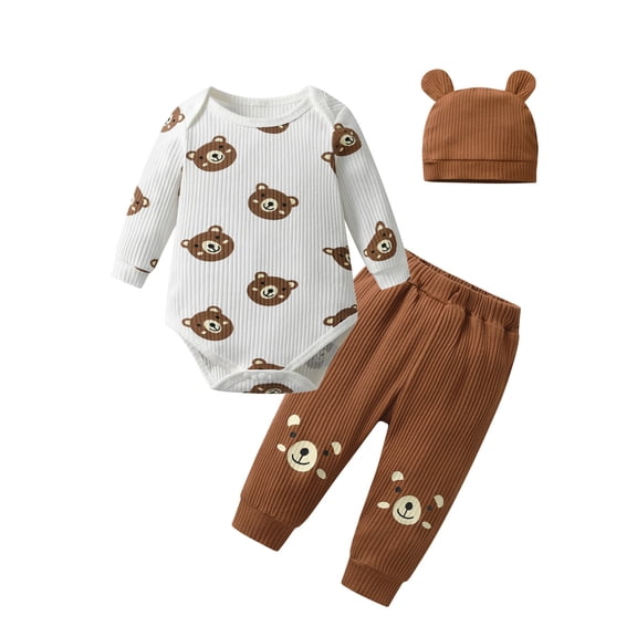 Infant Baby Boy Clothes Bear Style Long Sleeve Romper Pants Hat 3PCS Outfits Set Brown