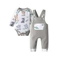 thumbnail image 1 of Infant Baby Boy Clothes Cartoon Pattern Long Sleeve Romper + Suspender Pants Outfit Set Gray 0-3 Months, 1 of 7