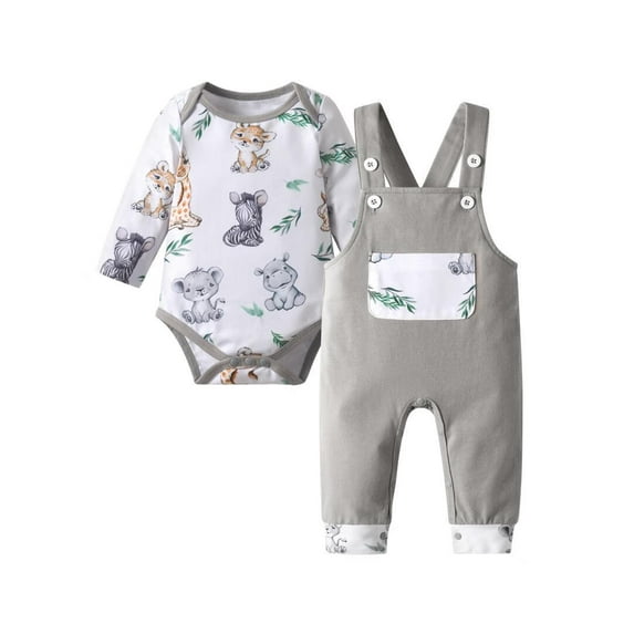 Infant Baby Boy Clothes Cartoon Pattern Long Sleeve Romper + Suspender Pants Outfit Set Gray 0-3 Months