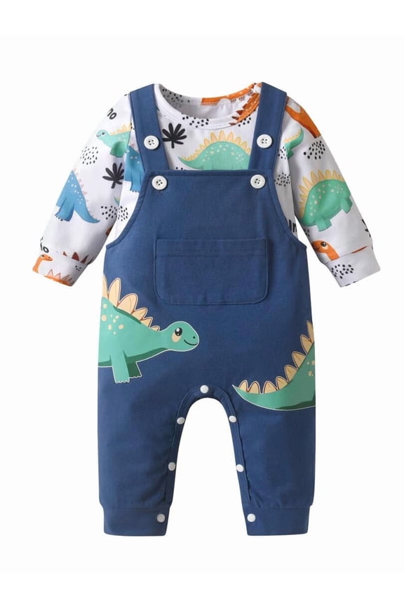 Infant Baby Boy Clothes Dinosaur Long Sleeve Romper + Animal Style Suspender Pants Outfit Set Blue 0-3 Months