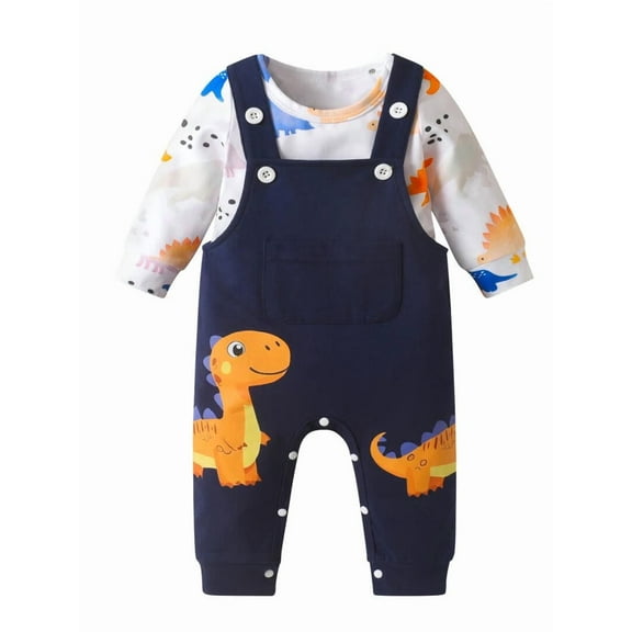 Infant Baby Boy Clothes Dinosaur Long Sleeve Romper   Animal Style Suspender Pants Outfit Set Dark Blue 6-9 Months
