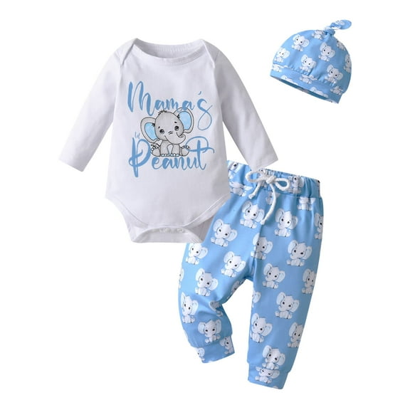 Infant Baby Boy Clothes Elephant Style Long Sleeve Romper   Pants   Hat 3PCS Outfits Set Blue 6-9 Months
