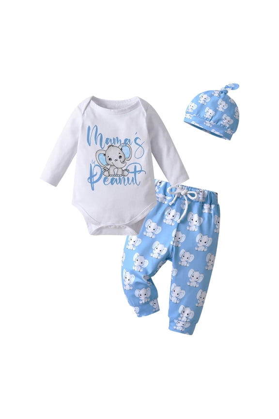 Infant Baby Boy Clothes Elephant Style Long Sleeve Romper + Pants + Hat 3PCS Outfits Set Blue 6-9 Months
