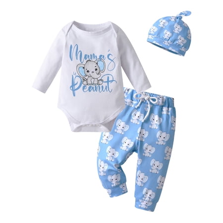 Infant Baby Boy Clothes Elephant Style Long Sleeve Romper + Pants + Hat 3PCS Outfits Set Blue