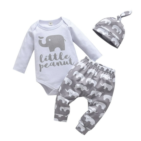 Infant Baby Boy Clothes Elephant Style Long Sleeve Romper Pants Hat 3PCS Outfits Set Gray 0-3 Months