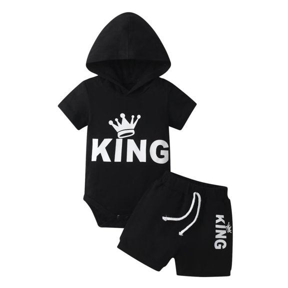 Infant Baby Boy Clothes Letter Short Sleeve Hooded Romper with Shorts Outfits Set Black 0-3 Months