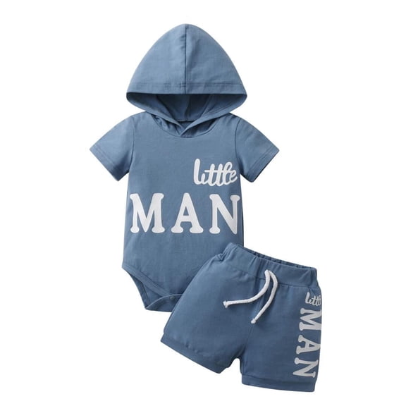 Infant Baby Boy Clothes Letter Short Sleeve Hooded Romper with Shorts Outfits Set Light Blue 6-9 Months