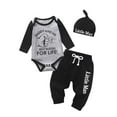 thumbnail image 1 of Infant Baby Boy Clothes Long Sleeve Letter Romper Pants Headband Hat Outfits Set Black 0-3 Months, 1 of 6