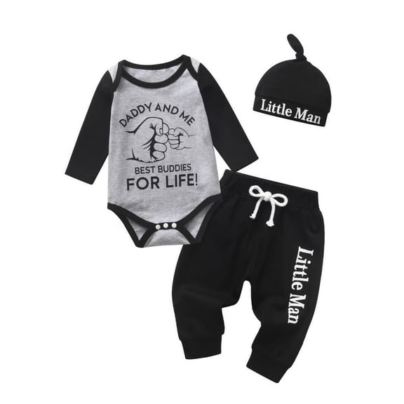 Infant Baby Boy Clothes Long Sleeve Letter Romper Pants Headband Hat Outfits Set Black 0-3 Months