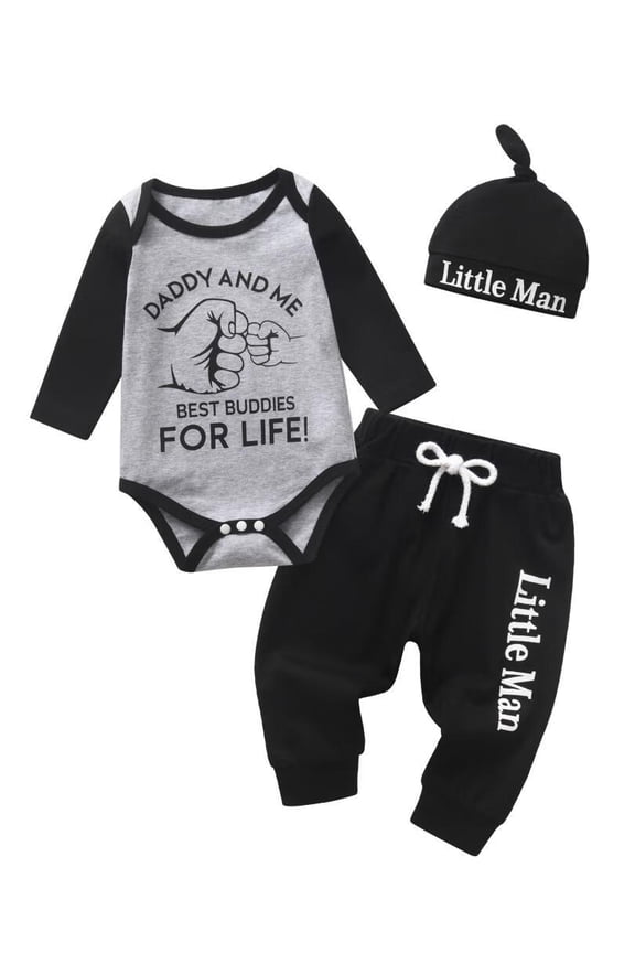 Infant Baby Boy Clothes Long Sleeve Letter Romper Pants Headband Hat Outfits Set Black 6-9 Months