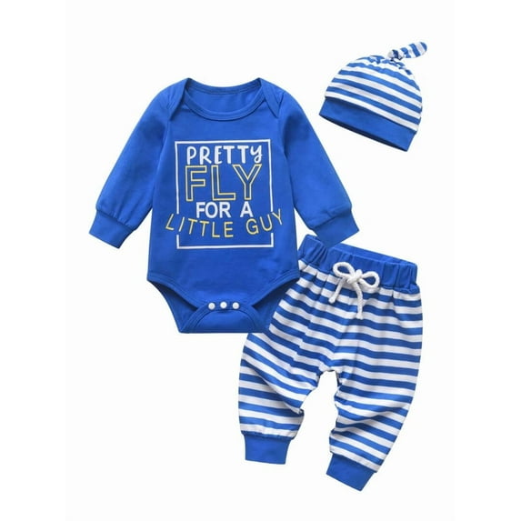 Infant Baby Boy Clothes Long Sleeve Letter Romper Stripes Long Pants with Hat Outfits Set Blue 0-3 Months