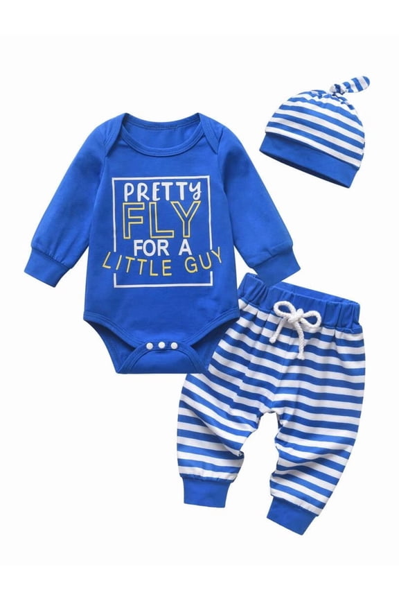 Infant Baby Boy Clothes Long Sleeve Letter Romper Stripes Long Pants with Hat Outfits Set Blue 6-9 Months