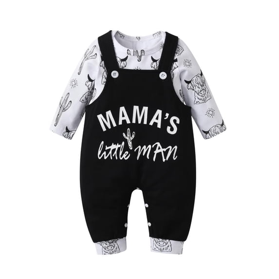 Infant Baby Boy Clothes Print Romper + Suspender Letter Pants Outfit Black 9-12 Months