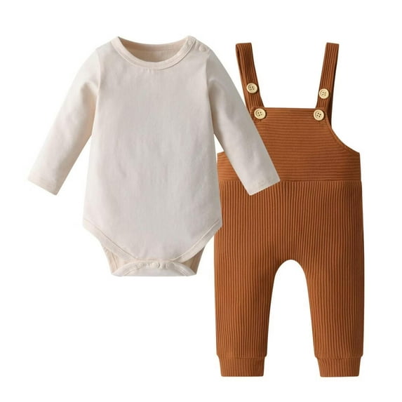 Infant Baby Boy Clothes Solid Color Long Sleeve Romper + Suspender Pants Outfit Set Brown 0-3 Months