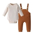 thumbnail image 1 of Infant Baby Boy Clothes Solid Color Long Sleeve Romper + Suspender Pants Outfit Set Brown 6-9 Months, 1 of 6