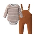 thumbnail image 1 of Infant Baby Boy Clothes Stripes Long Sleeve Romper + Suspender Pants Outfit Set 0-3 Months, 1 of 6