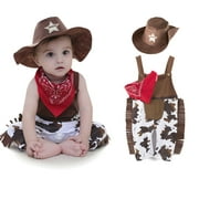 Infant Baby Boy Cowboy Outfit Clothes Set 3pcs Suspender Tassels Romper+Hat+Bib Carnival Fancy Costum