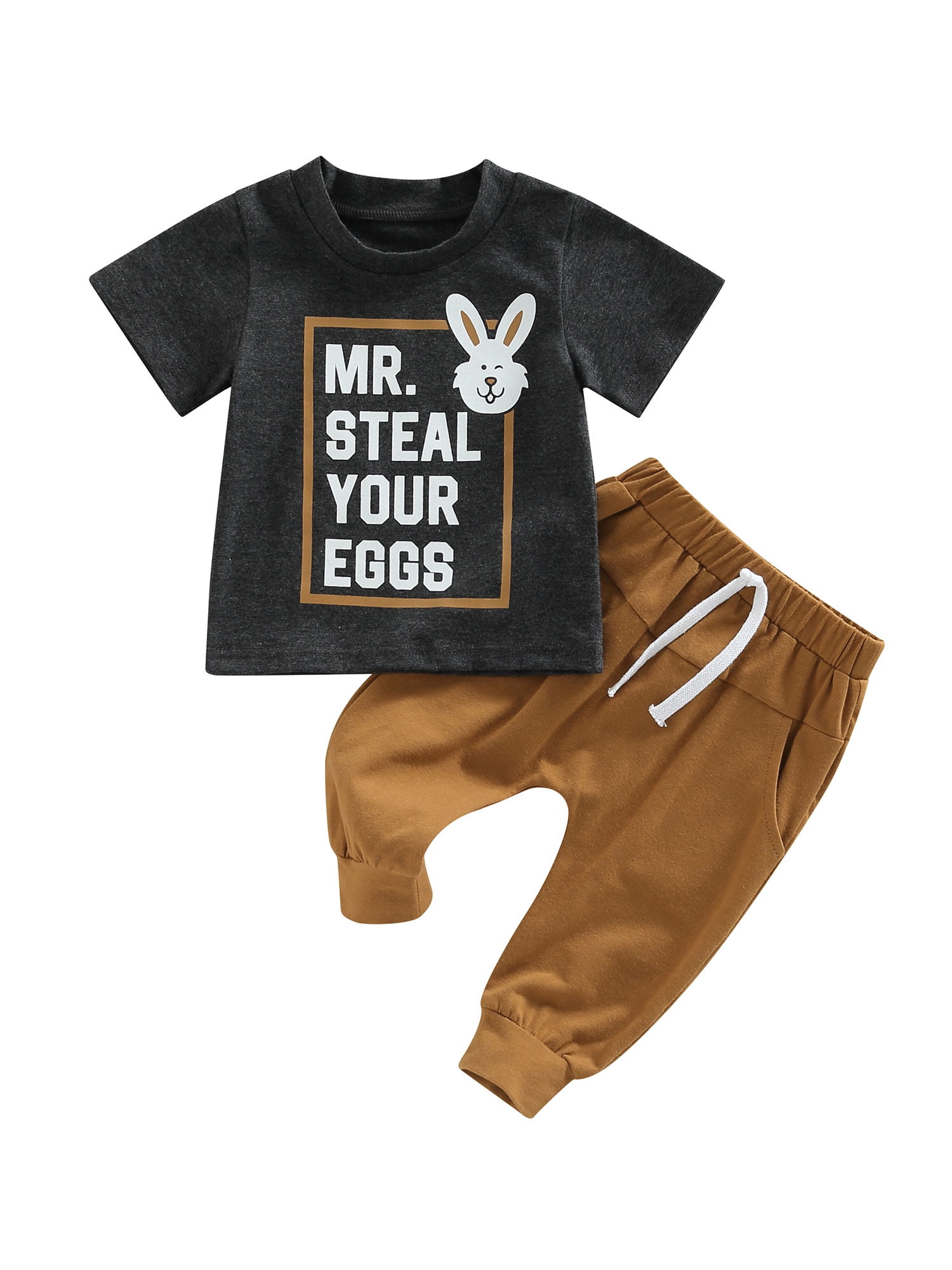 Infant Baby Boy Easter Outfit Mr Steal Your Eggs Bunny Short Sleeve T-Shirt  Top Pants Set Toddler 2Pcs Summer Clothes