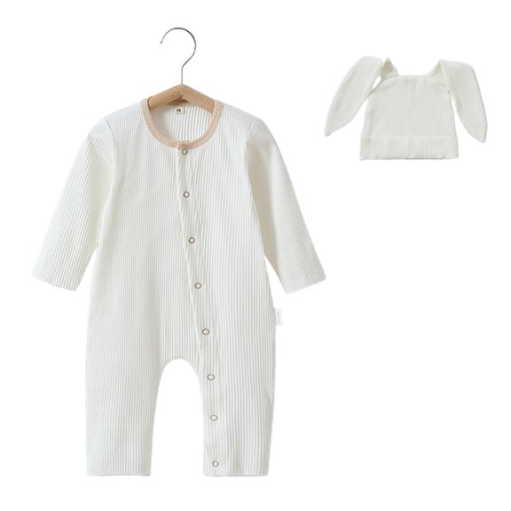 Infant Baby Boy Girl Clothes Long Sleeve Button Waffle Romper with Hat Hat Snap-fastener Design Outfit for Baby