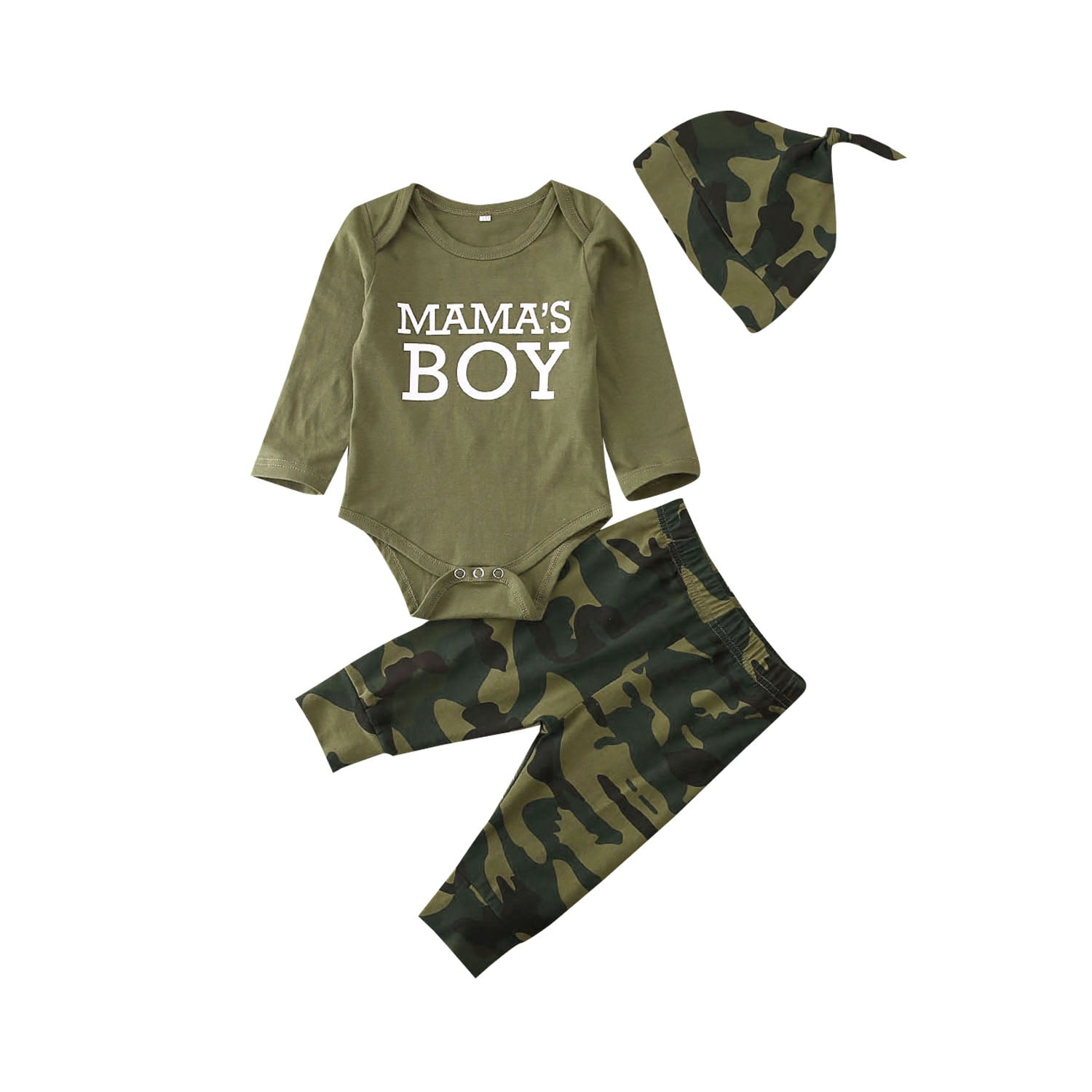 0-18Months Newborn Baby Boys Clothing Set Letter Print Short Sleeve Bodysuit With Bow + Camouflage Print Long Pants + Hat