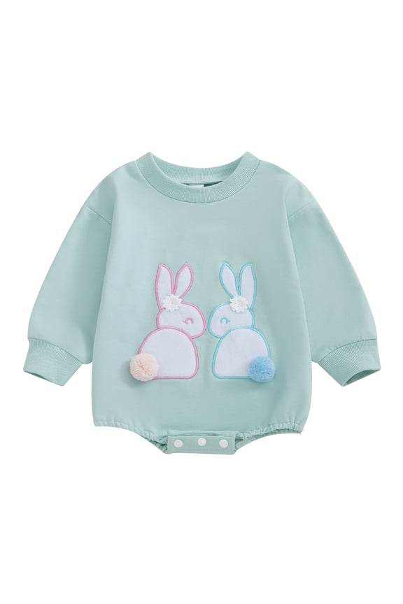 Infant Baby Boy Girl Easter Outfits Rabbit Embroidery Bubble Romper Long Sleeve Sweatshirt 1 3 6 9 12 Months Cute Spring Clothes