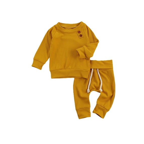 Infant Baby Boy Girl Fall Winter Clothes Solid Cotton Pullover Sweatshirt Top Drawstring Pants Outfit Set