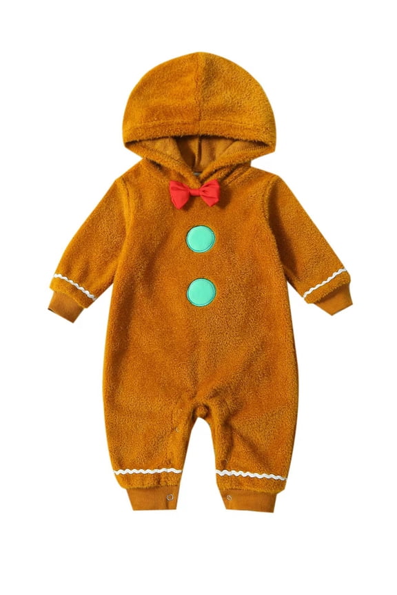 Infant Baby Boy Girl Gingerbread Costume Christmas One Piece Hooded Romper Long Sleeve Fuzzy Jumpsuit Cute Holiday Clothes