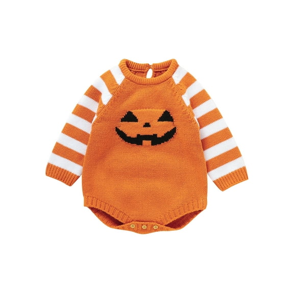Infant Baby Boy Girl Halloween Clothes Pumpkin Face Sweater Romper Long Sleeve Bodysuit One Piece Fall Winter Outfit