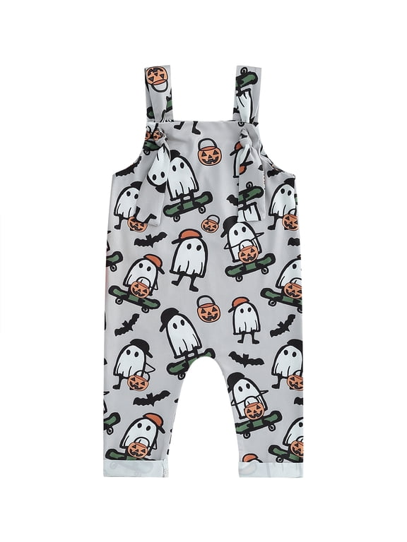 Infant Baby Boy Girl Halloween Clothes Pumpkin Ghost Suspender Pants Sleeveless Tie Overalls Jumpsuit One Piece Outfits