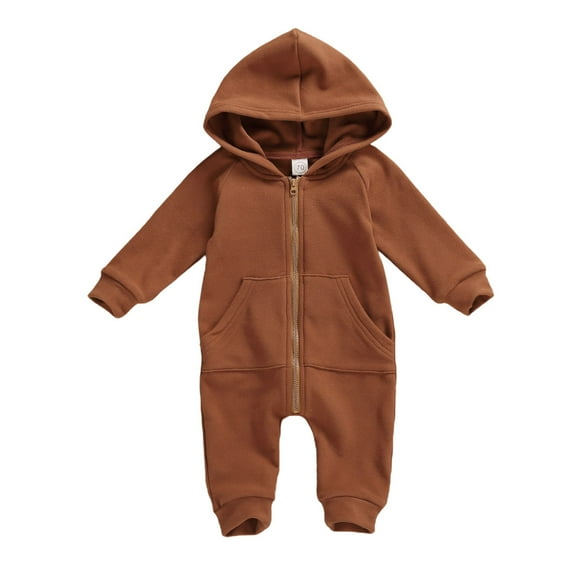 Infant Baby Boy Girl Solid Color Long Sleeve Zipper Hooded Jumpsuit Romper Outfit Fall Winter Warm Clothes