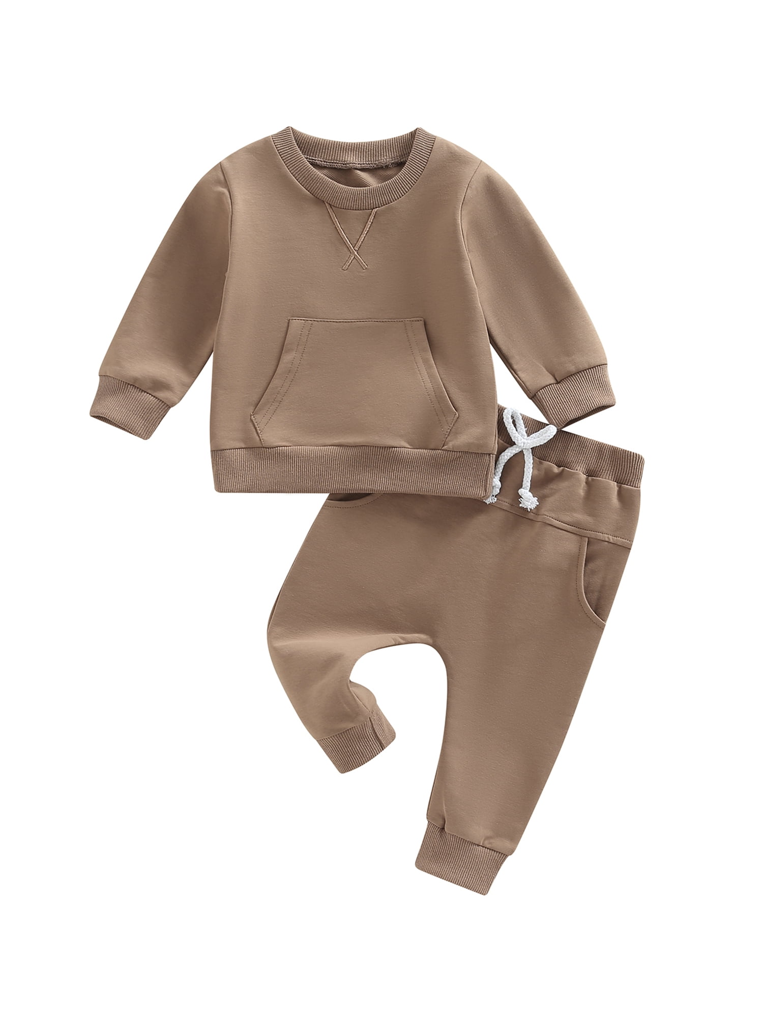 Infant Baby Boy Girl Solid Sweatsuit Crewneck Pocket Sweatshirt