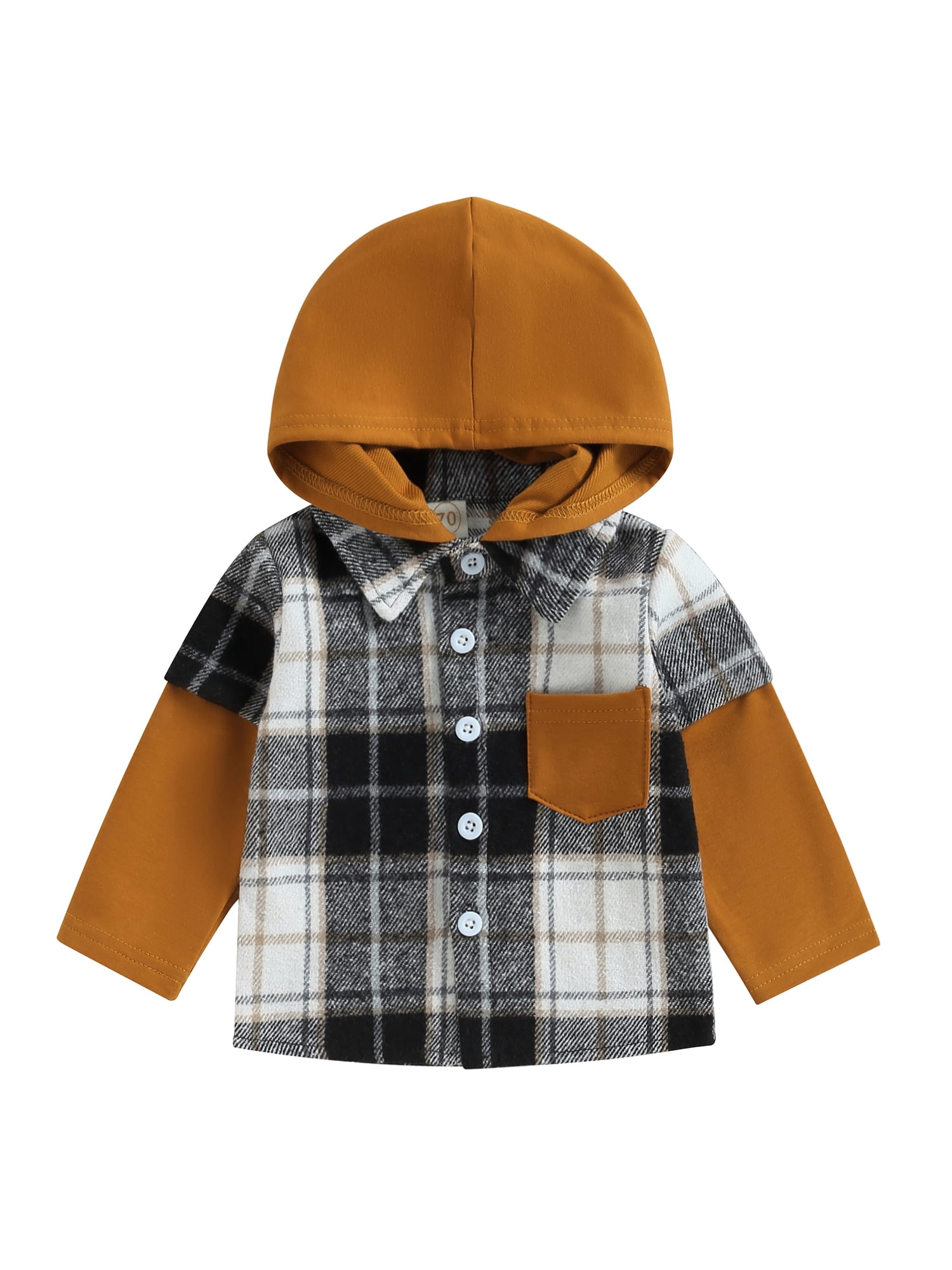 Infant Baby Boy Hooded Jacket Plaid Patchwork Long Sleeve Single
