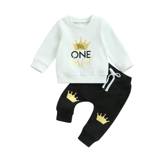 Infant Baby Boy My First Birthday Outfits 6 12 18 Months Crown Letter Print Long Sleeve Sweatshirt + Trousers 2Pcs Clothes Set