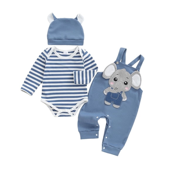 Infant Baby Boy Outfit Newborn Autumn Clothes Long Sleeve Striped Romper Tops Animal Embroidery Suspenders Dungarees Hat Cartoon Overall Set