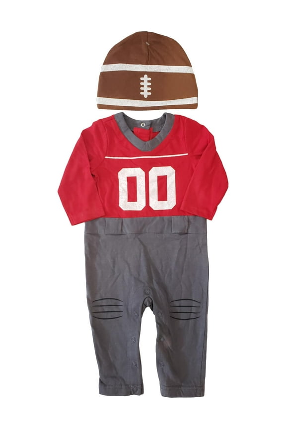 Infant Baby Boy Red Grey Football Uniform Bodysuit & Hat 2 Piece Cotton Set 6-9M