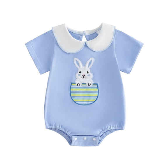 Baby Boy Romper Easter Bunny Embroidered Short Sleeve Peter Pan Collar Bodysuit Toddler Outfit Soft Sky Blue 6 Months-12 Months